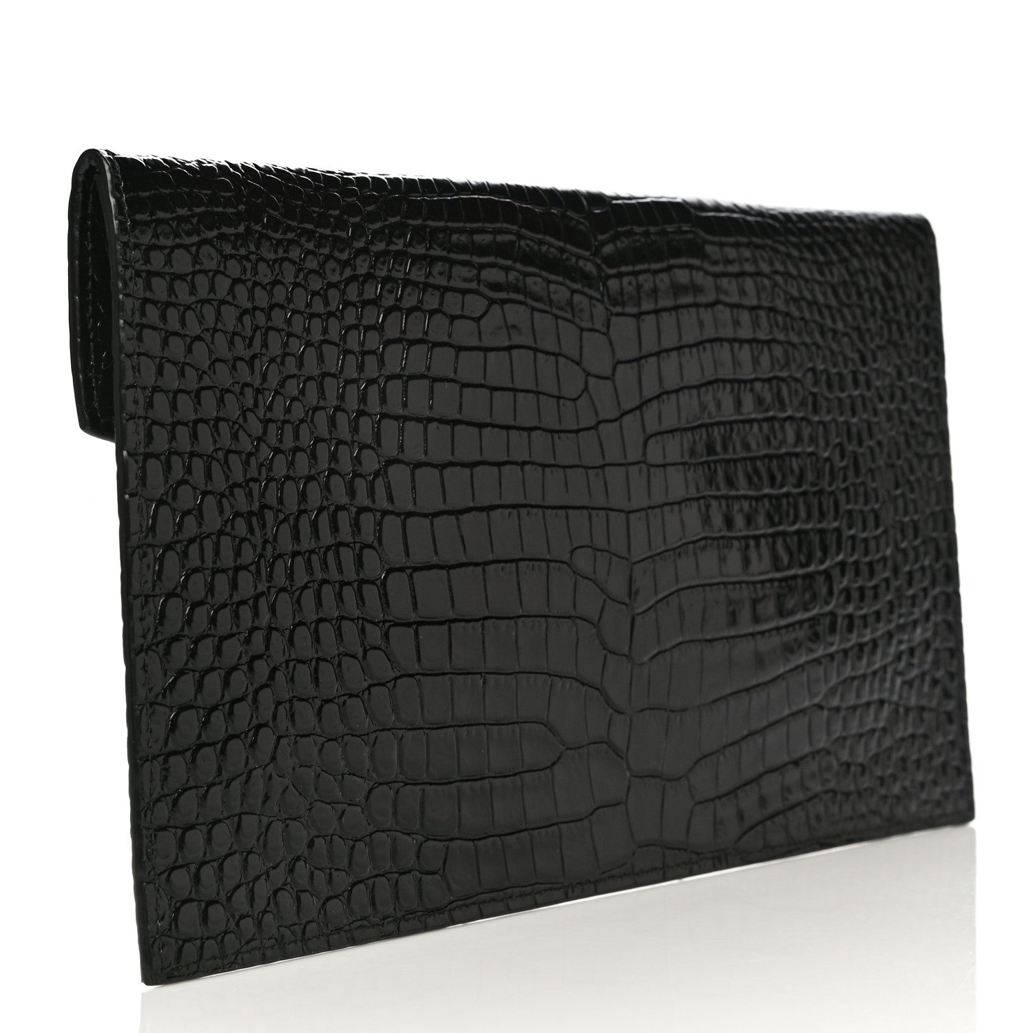 Saint Laurent Calfskin Crocodile Embossed Uptown Monogram Clutch Black 4 of 11