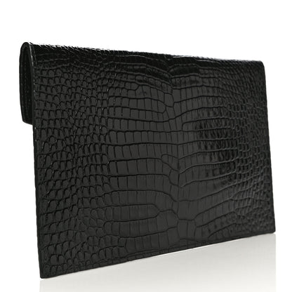 Saint Laurent Calfskin Crocodile Embossed Uptown Monogram Clutch Black 4 of 11