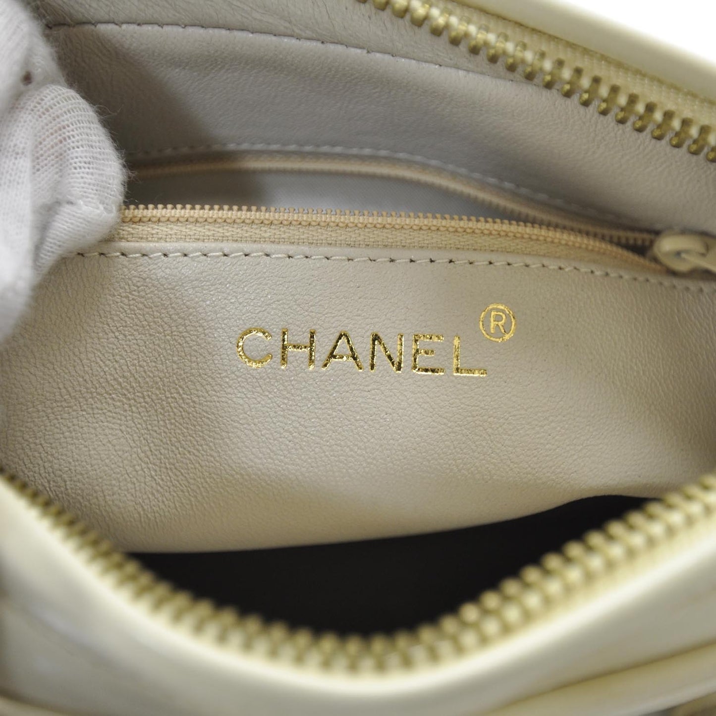 Lambskin Chevron Tassel Camera Case Beige