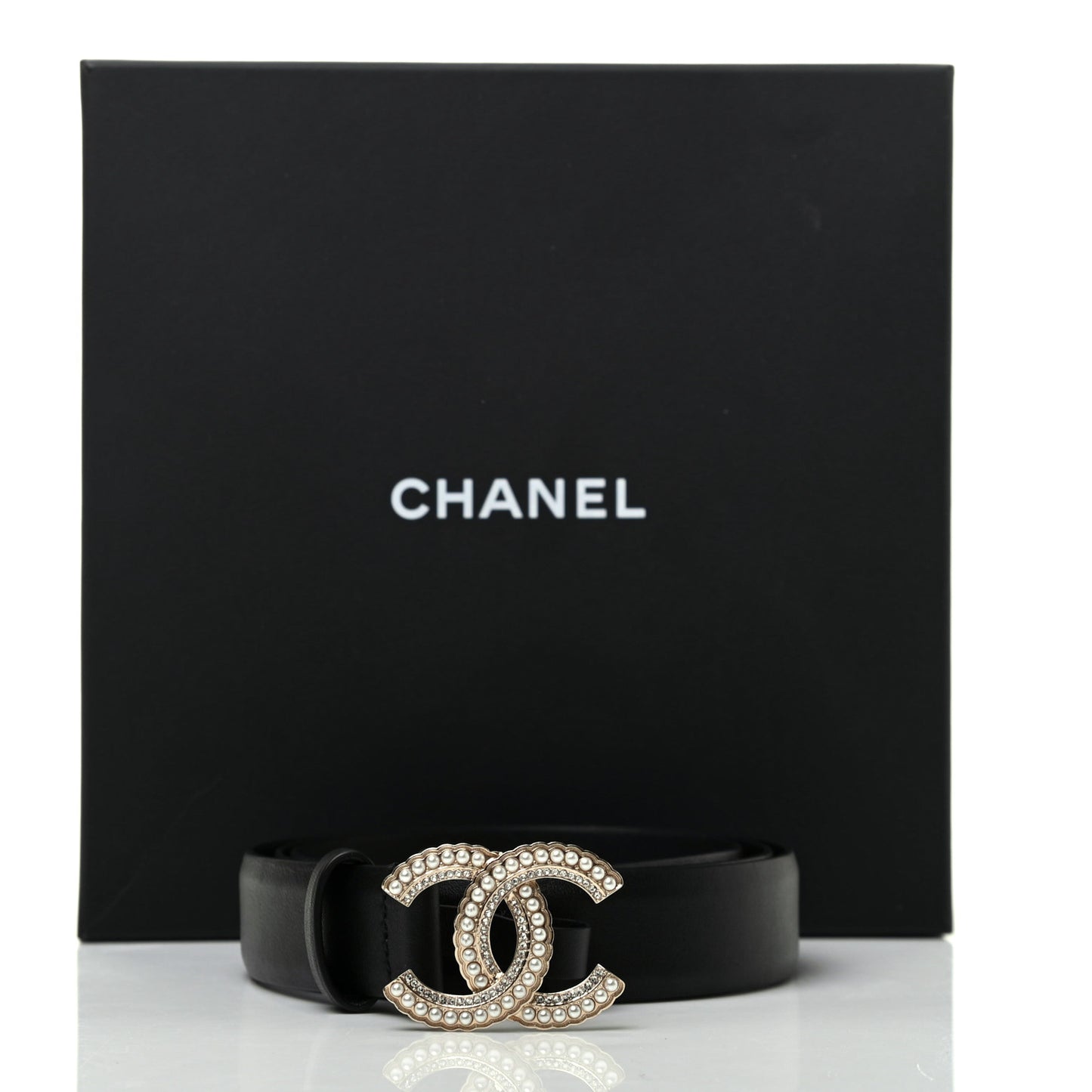 Calfskin Pearl Crystal Queen of France CC Belt 85 34 Black