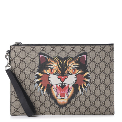 Gucci GG Supreme Monogram Angry Cat Zip Wristlet Pouch Beige 1 of 7