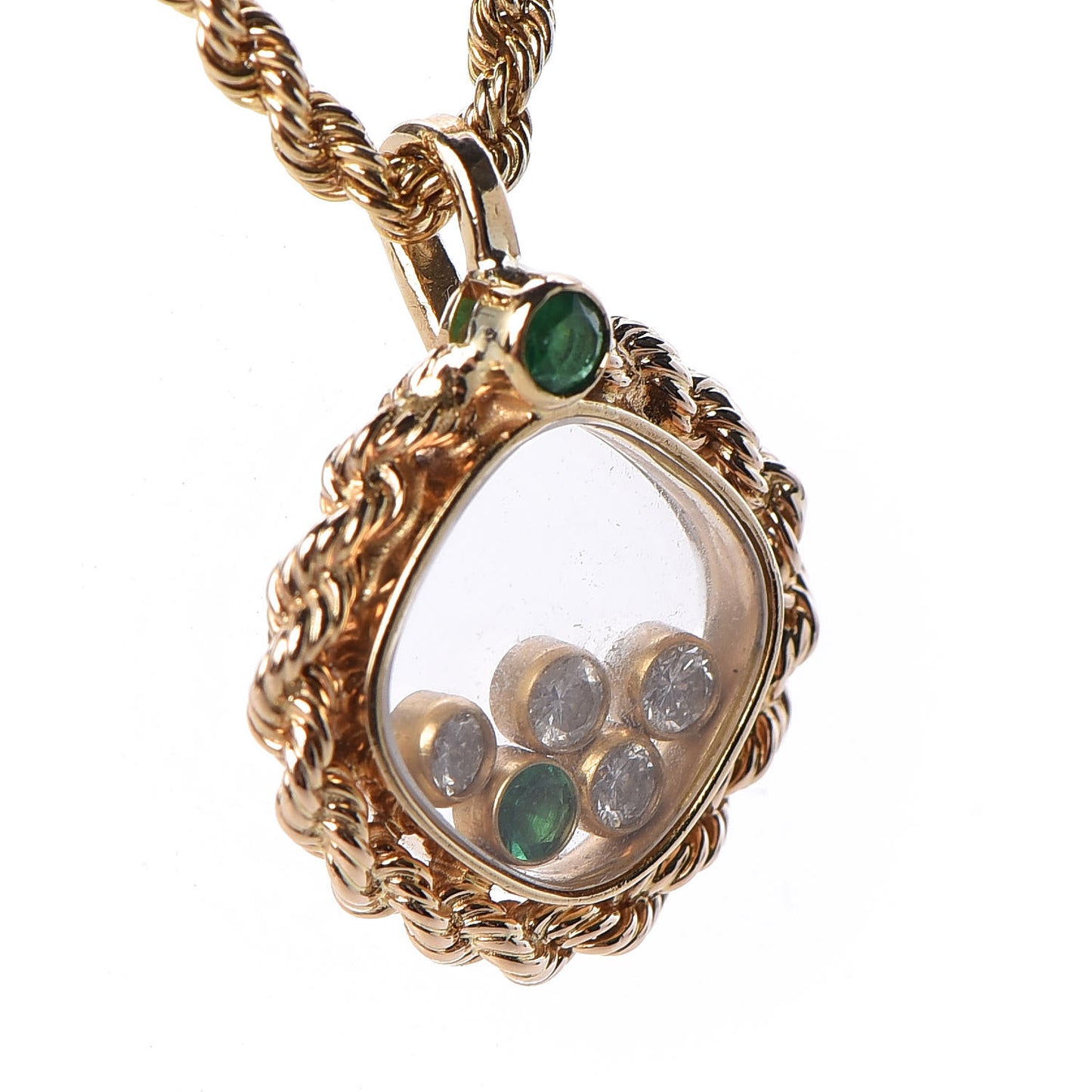18K Yellow Gold Diamond Emerald Happy Diamonds Pendant Necklace