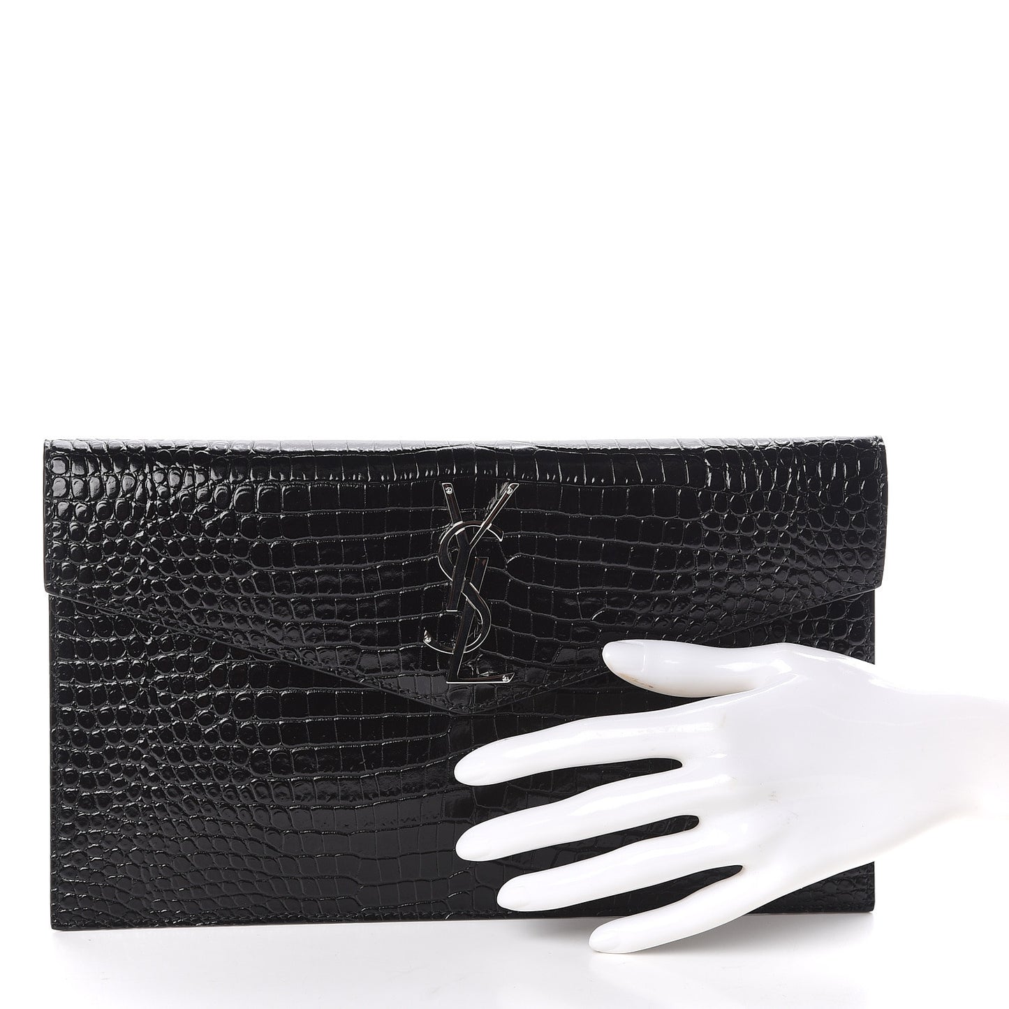 Calfskin Crocodile Embossed Uptown Monogram Clutch Black