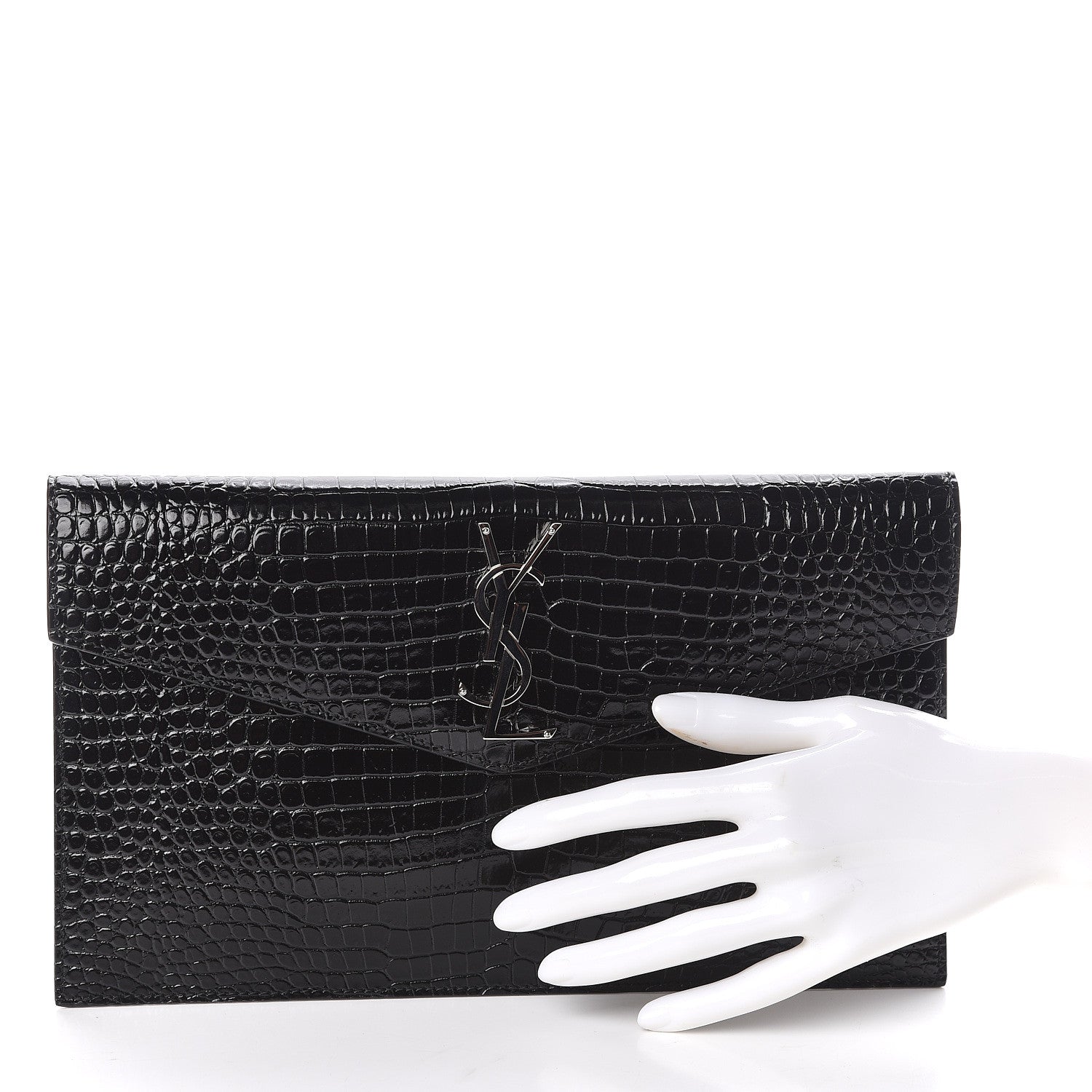 Saint Laurent Calfskin Crocodile Embossed Uptown Monogram Clutch Black 2 of 9
