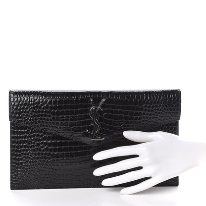 Saint Laurent Calfskin Crocodile Embossed Uptown Monogram Clutch Black 2 of 9