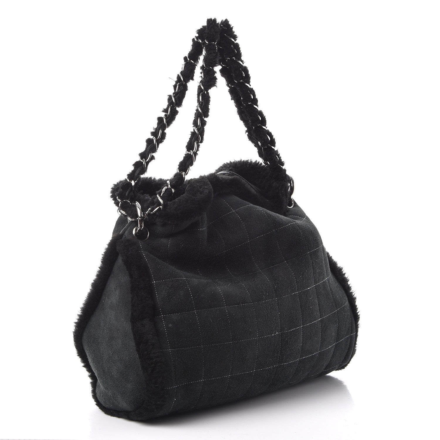 Chanel Shearling Suede Stiched CC Tote Black 4 of 11