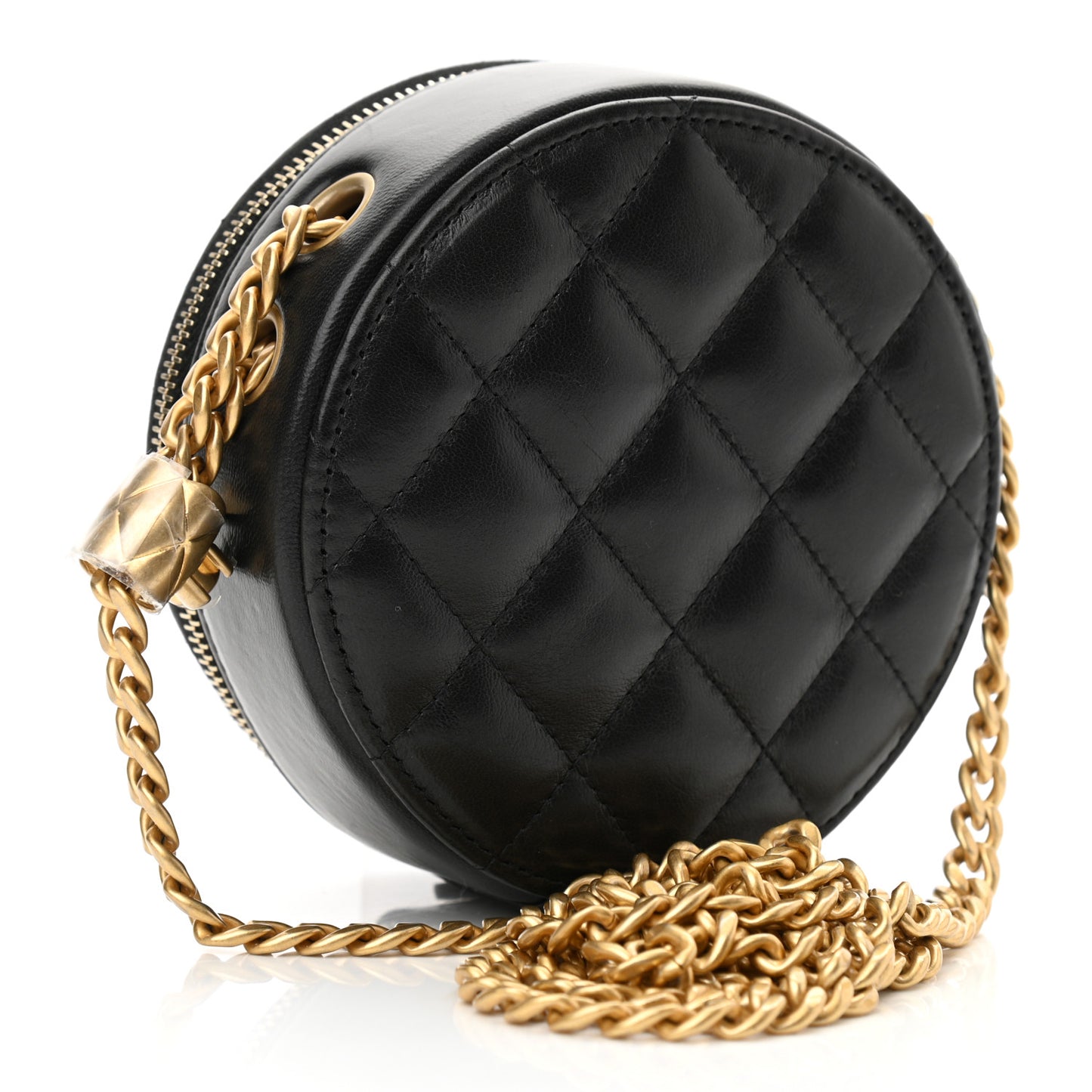 Lambskin Quilted Pillow Crush Round Clutch With Chain Black