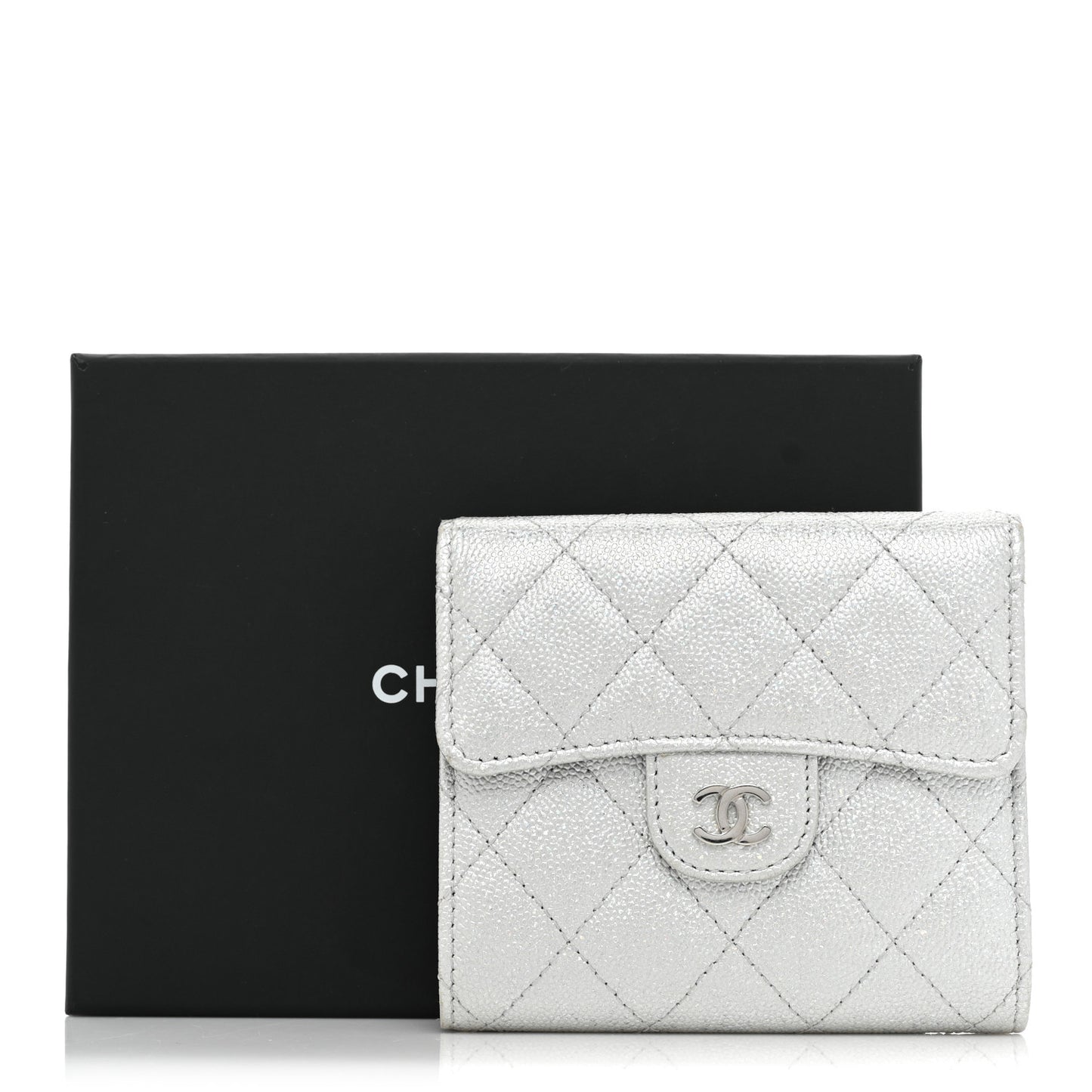 Metallic Caviar Quilted Compact Flap Wallet Silver