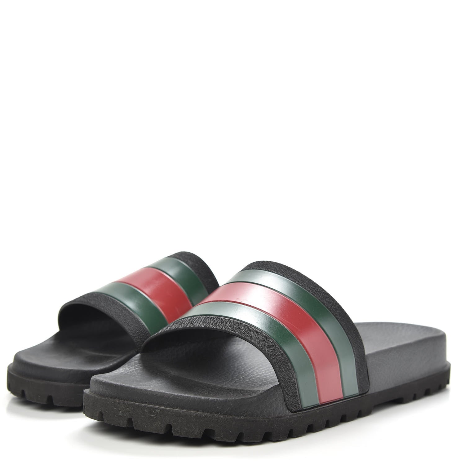 Gucci Rubber Web Mens Lug Sole Slide Sandals 12 Black Green Red 3 of 10