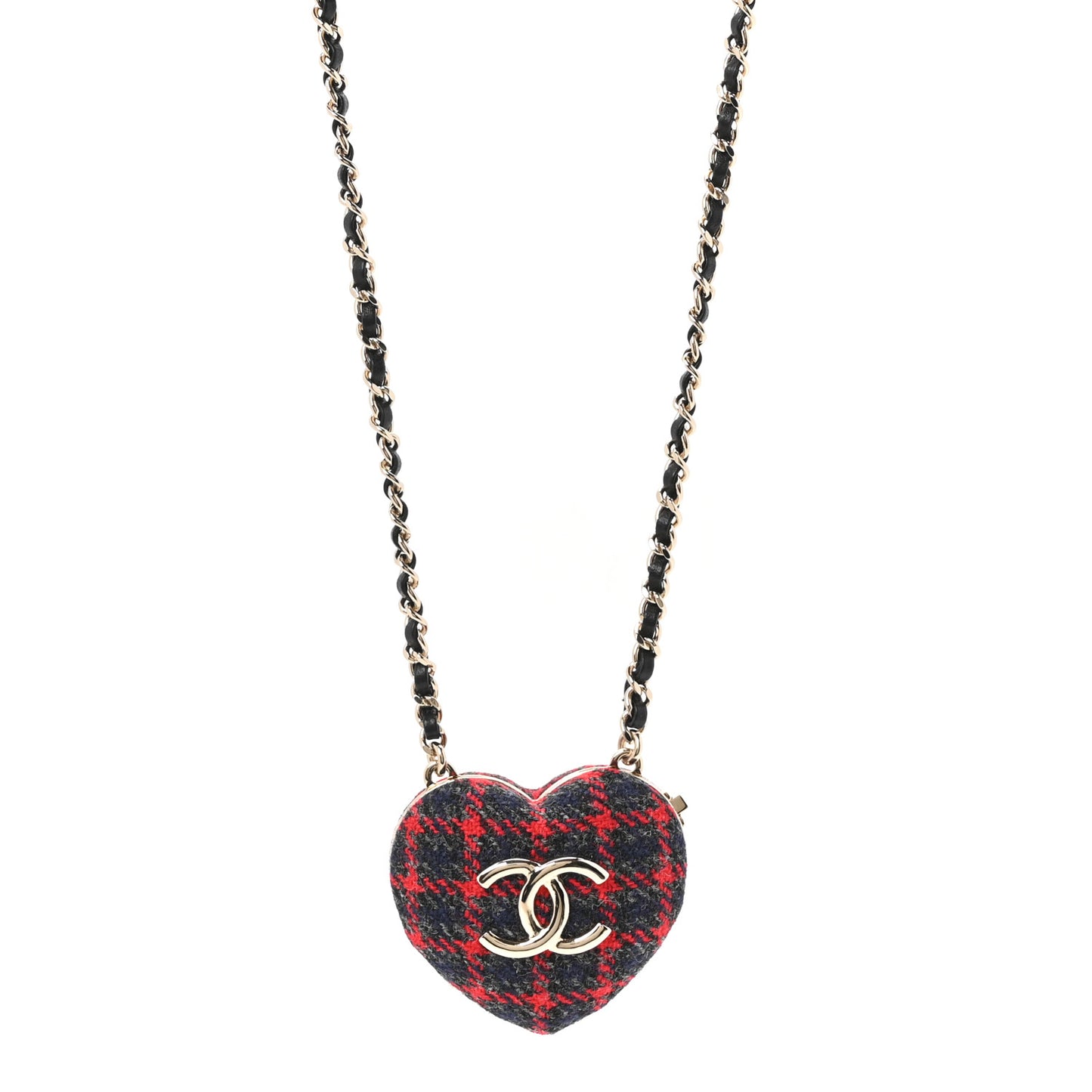 Tweed Lambskin CC Heart Locket Necklace Gold Grey Red Black