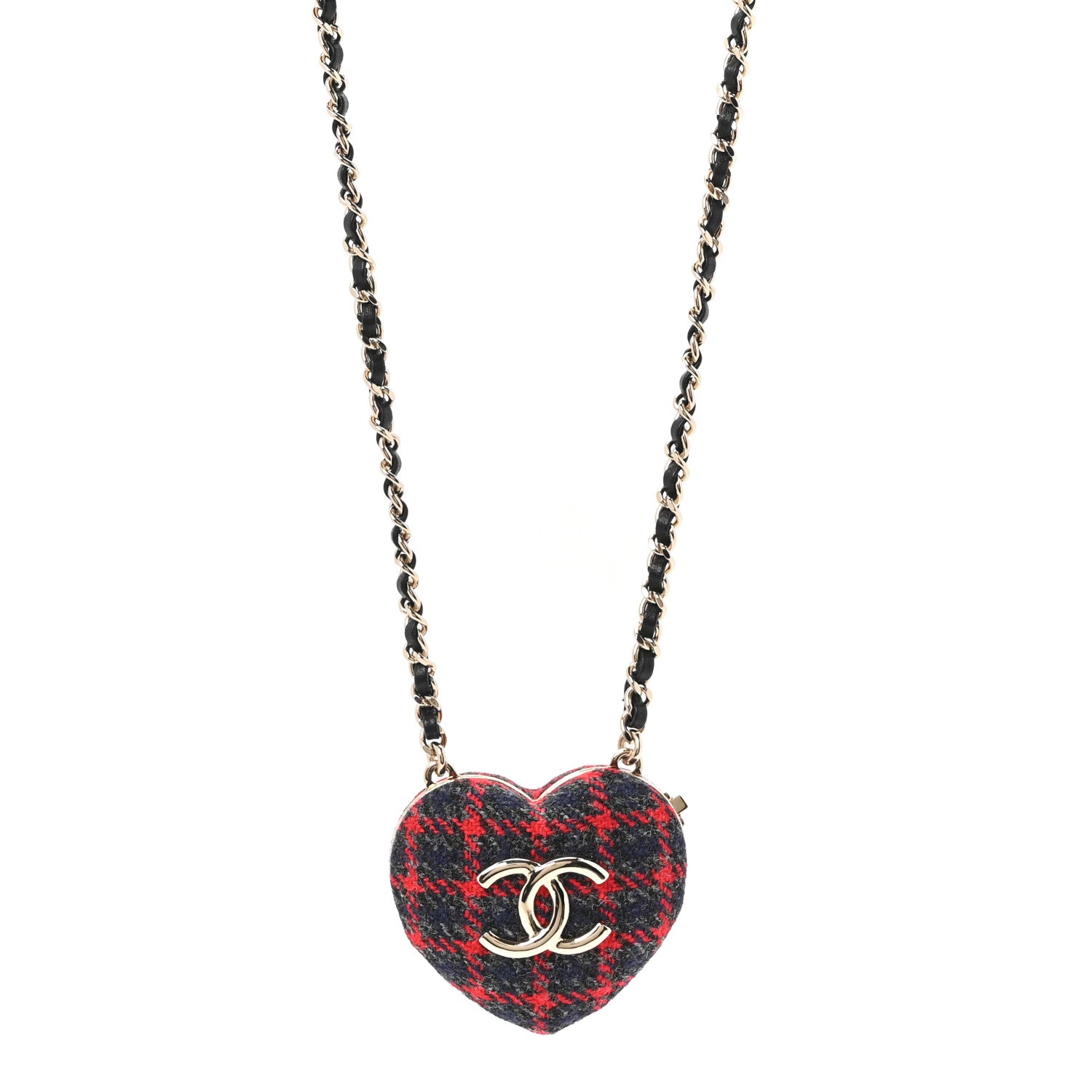 Chanel Tweed Lambskin CC Heart Locket Necklace Gold Grey Red Black 1 of 5