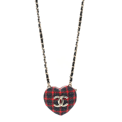 Chanel Tweed Lambskin CC Heart Locket Necklace Gold Grey Red Black 1 of 5