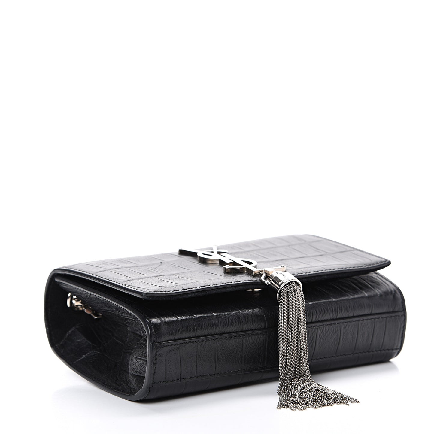 Calfskin Crocodile Embossed Monogram Small Kate Tassel Satchel Black
