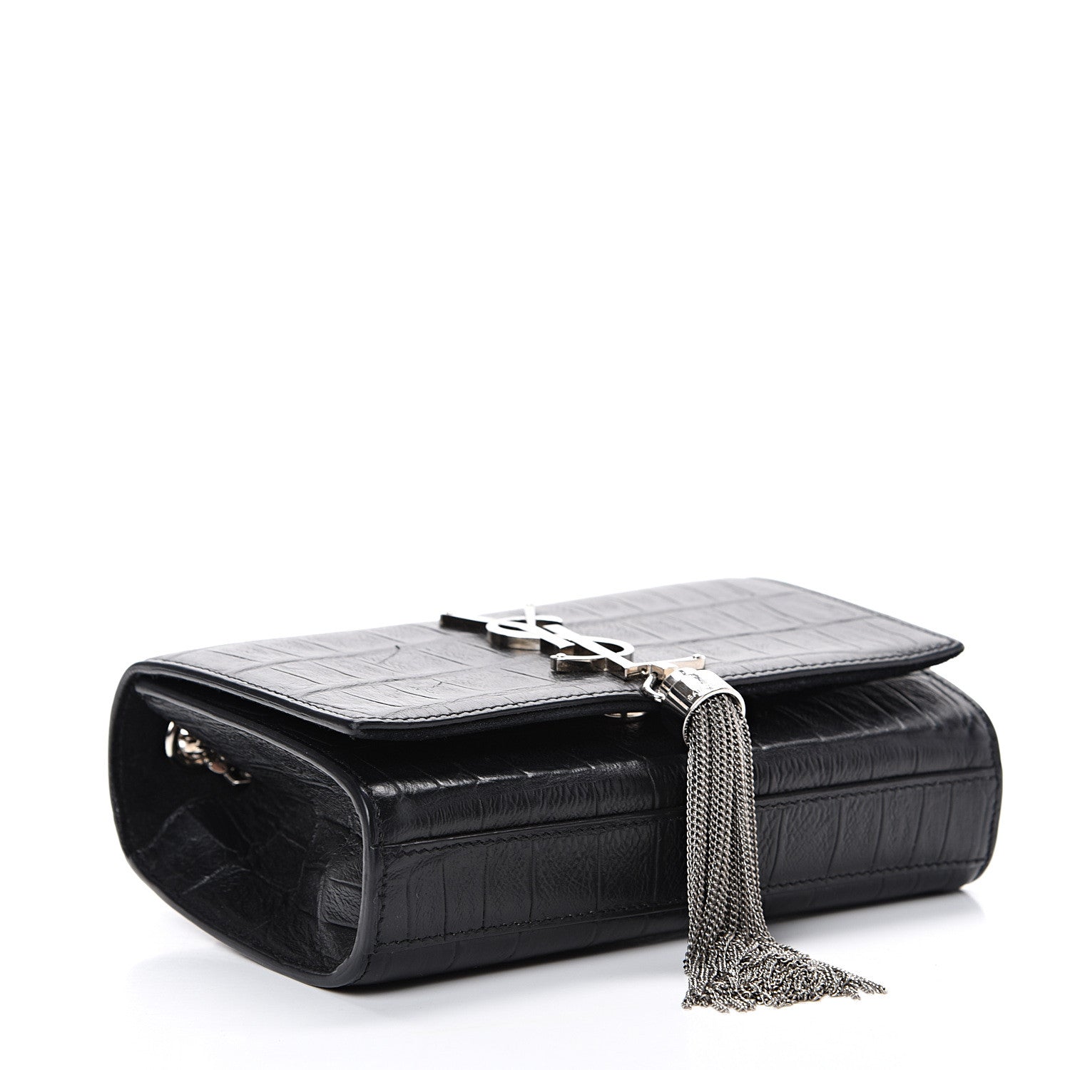 Saint Laurent Calfskin Crocodile Embossed Monogram Small Kate Tassel Satchel Black 3 of 11