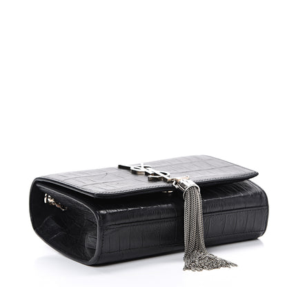 Saint Laurent Calfskin Crocodile Embossed Monogram Small Kate Tassel Satchel Black 3 of 11