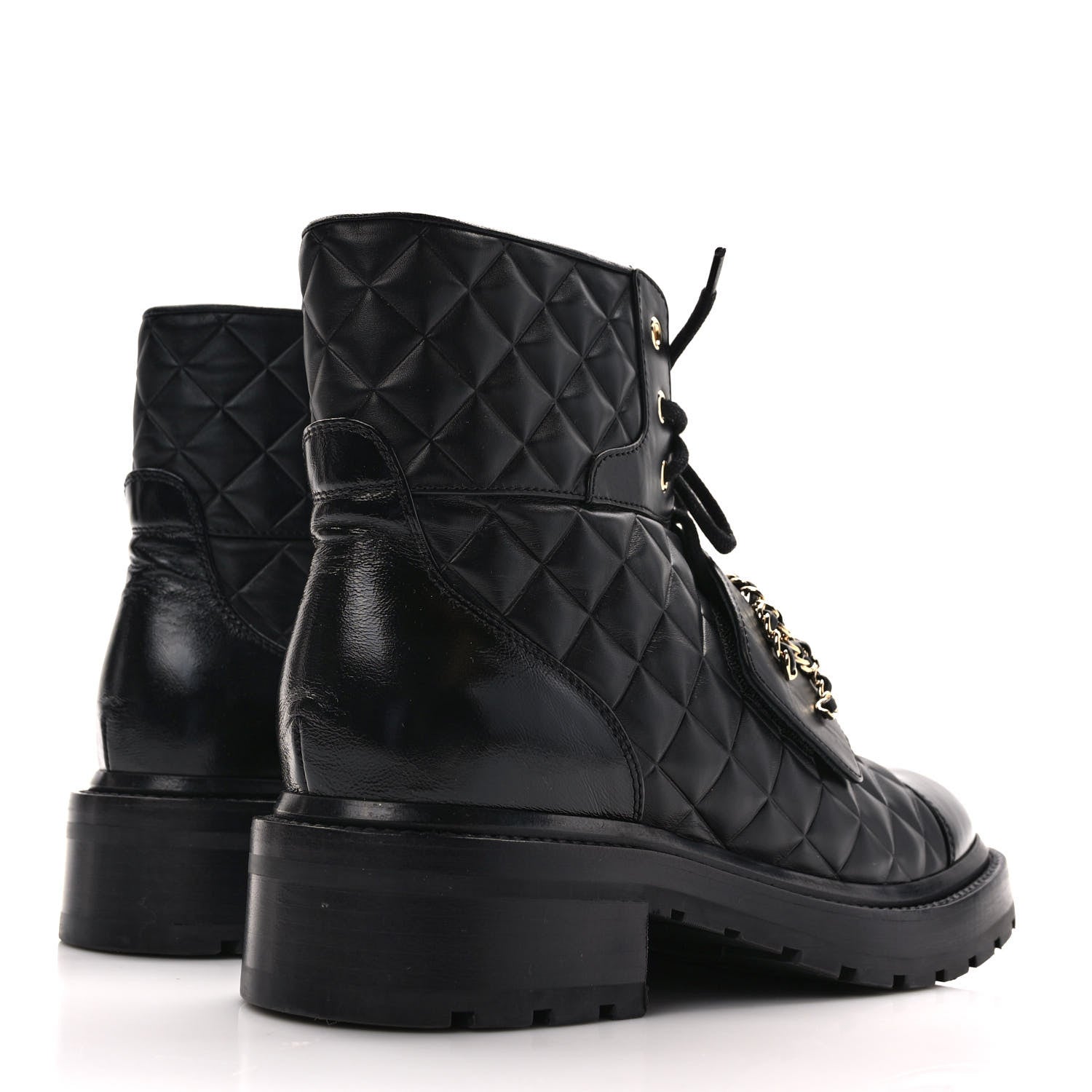 Chanel Calfskin Shiny Calfskin Quilted Lace Up Combat Boots 39 Black 4 of 10