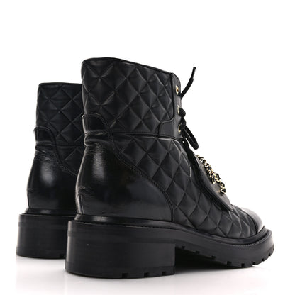 Chanel Calfskin Shiny Calfskin Quilted Lace Up Combat Boots 39 Black 4 of 10
