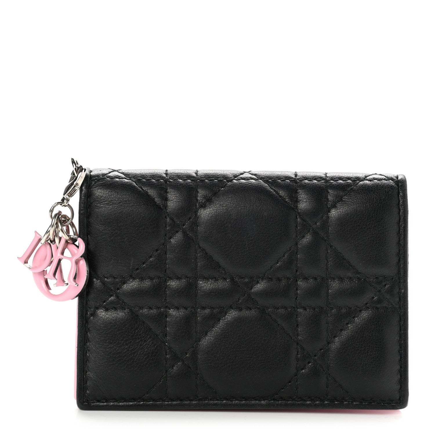 Christian Dior Lambskin Cannage Bi-Color Small Lady Dior Flap Card Holder Black Pink 1 of 9