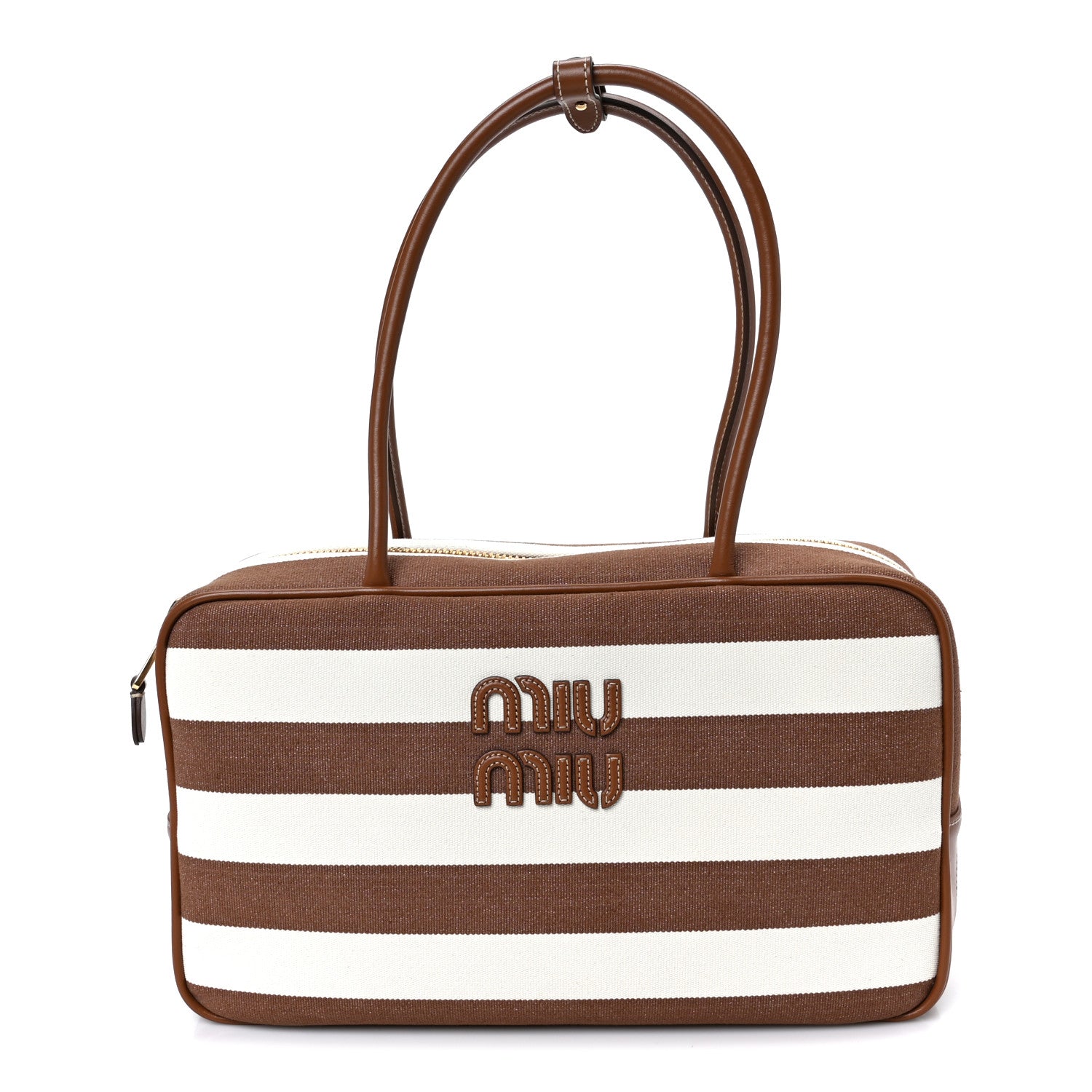 Miu Miu Canvas Calfskin Striped Large Beau Top Handle Bag Naturale