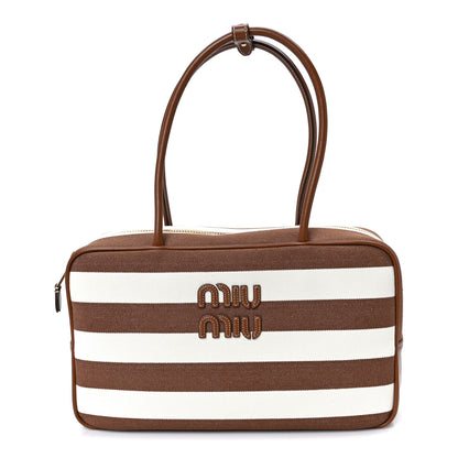 Miu Miu Canvas Calfskin Striped Large Beau Top Handle Bag Naturale Brandy 1 of 8