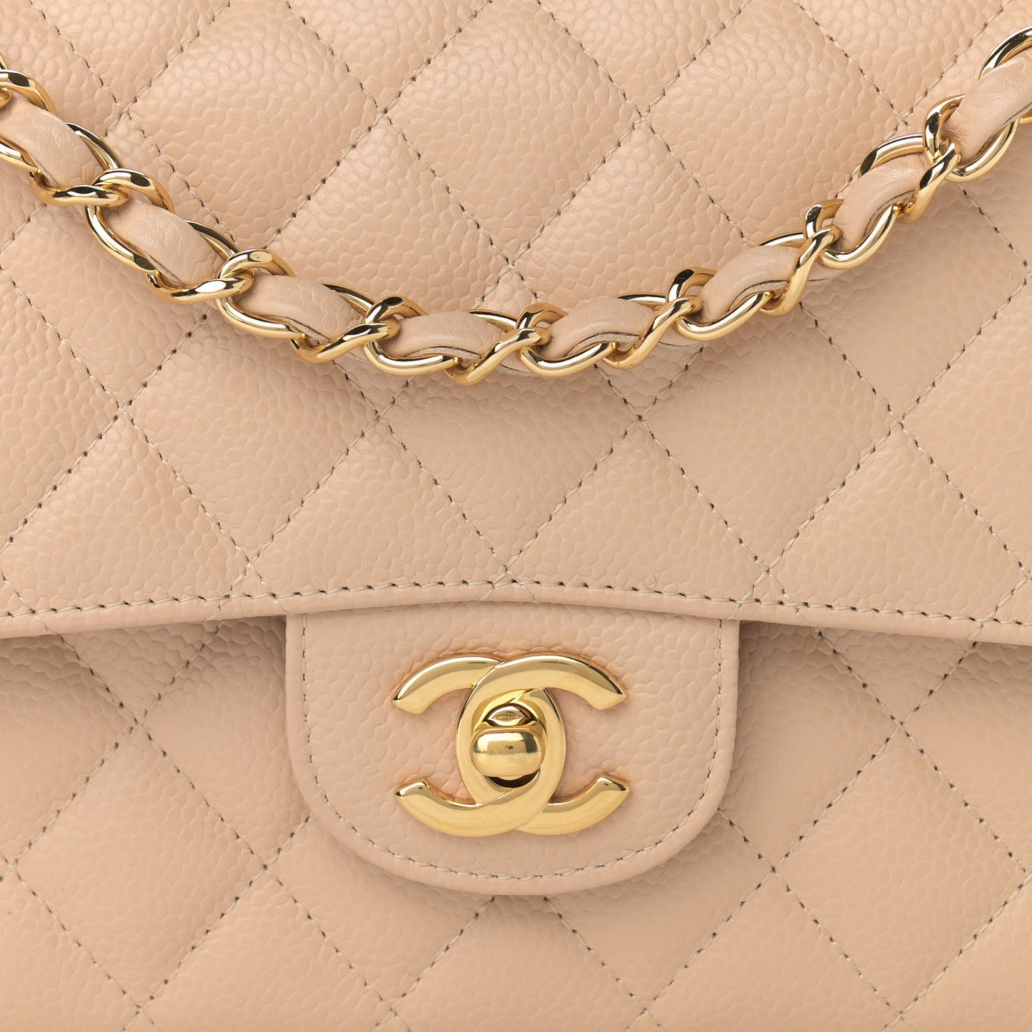 Caviar Quilted Medium Double Flap Beige