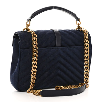 Saint Laurent Smooth Calfskin Cotton Canvas Matelasse Chevron Monogram Medium College Bag Deeply Blue 3 of 9