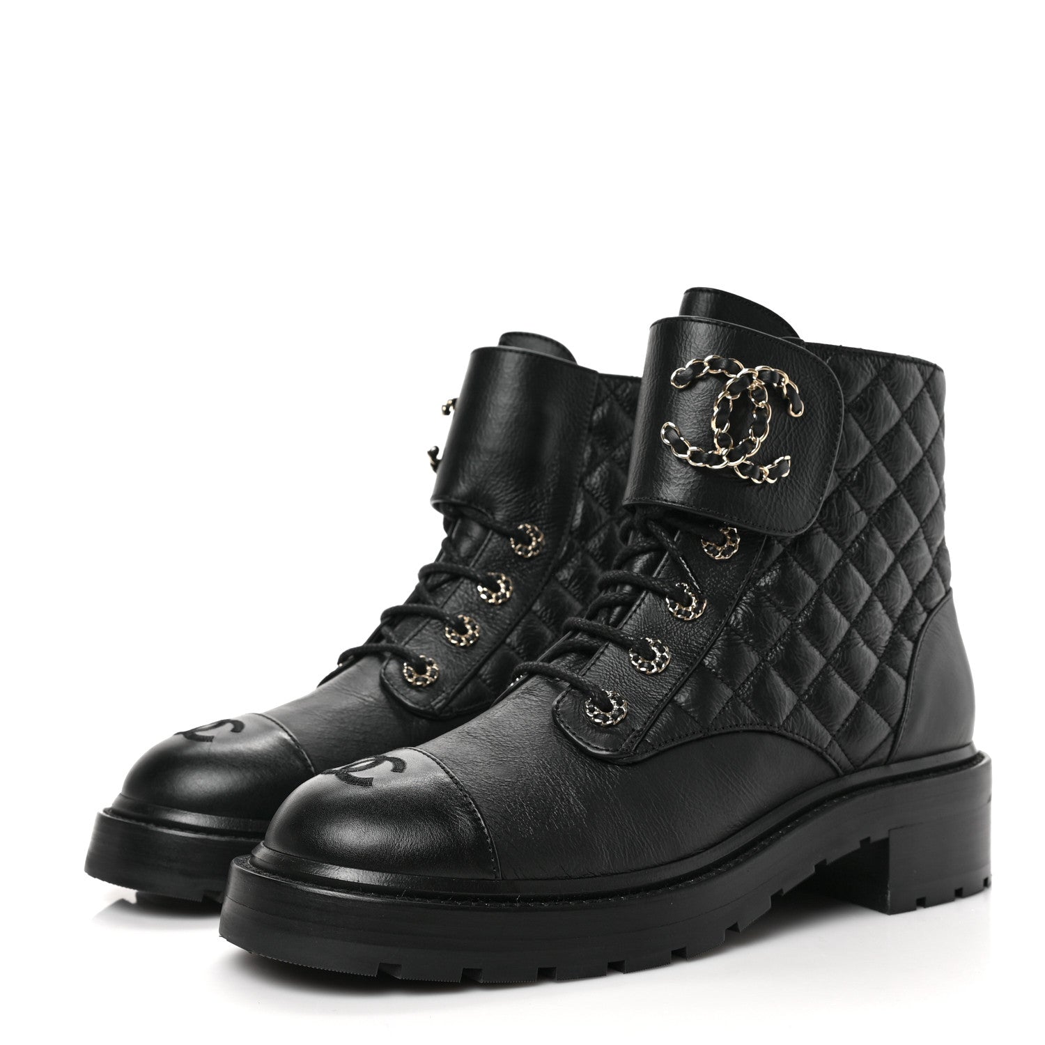 Chanel Shiny Goatskin Calfskin Quilted Lace Up Combat Boots 40 Black 3 of 7