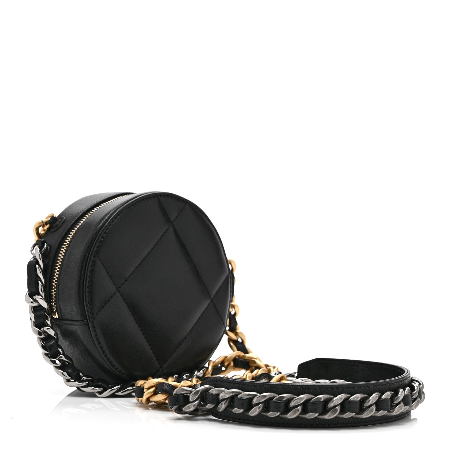 Shiny Goatskin Quilted Chanel 19 Round Clutch With Chain Black