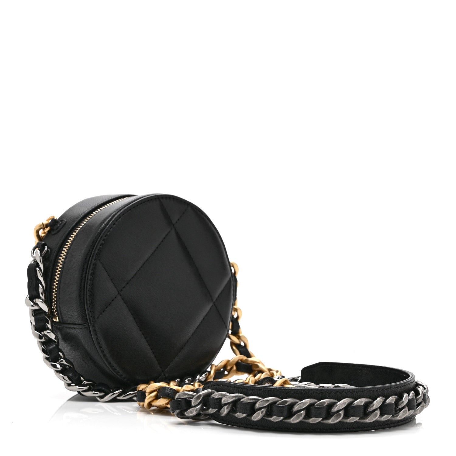 Chanel Shiny Goatskin Quilted Chanel 19 Round Clutch With Chain Black 3 of 10