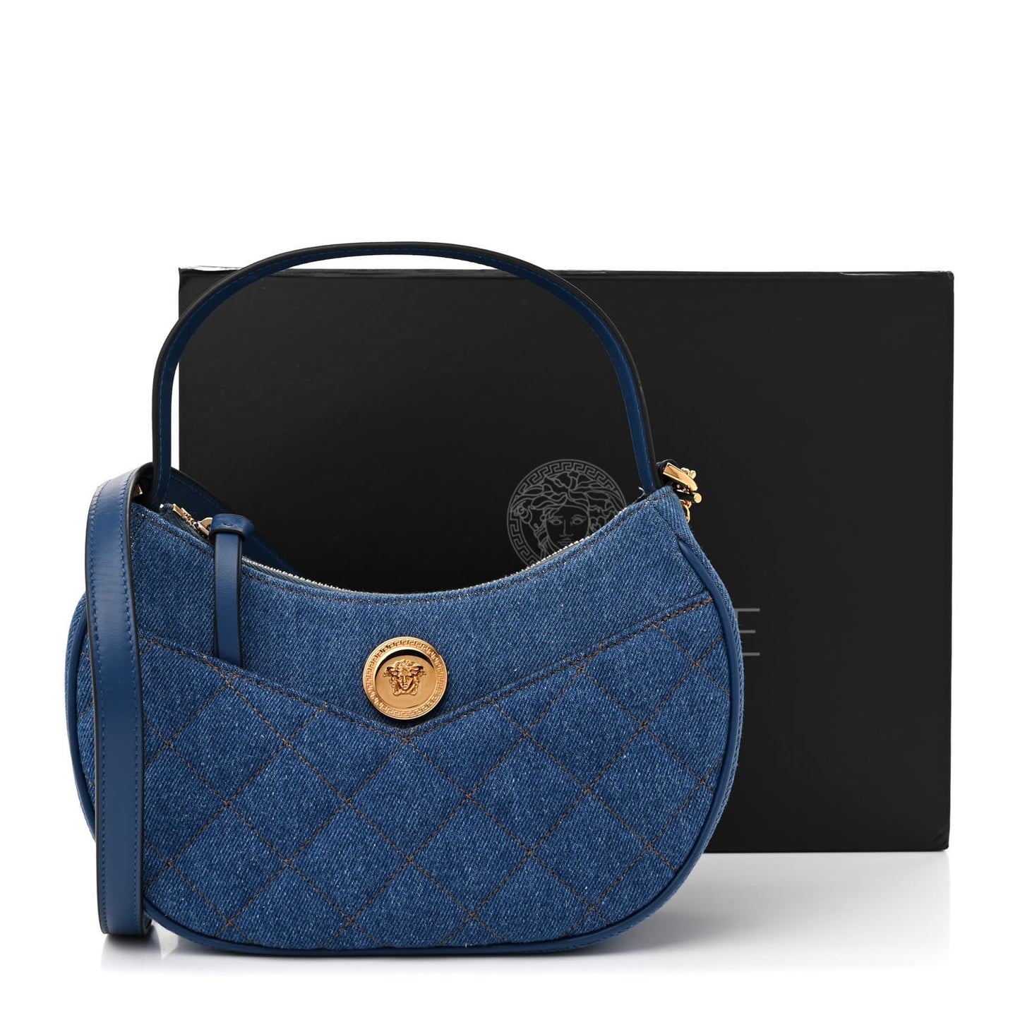 Denim Calfskin Quilted Medusa Half Moon Shoulder Bag Blue