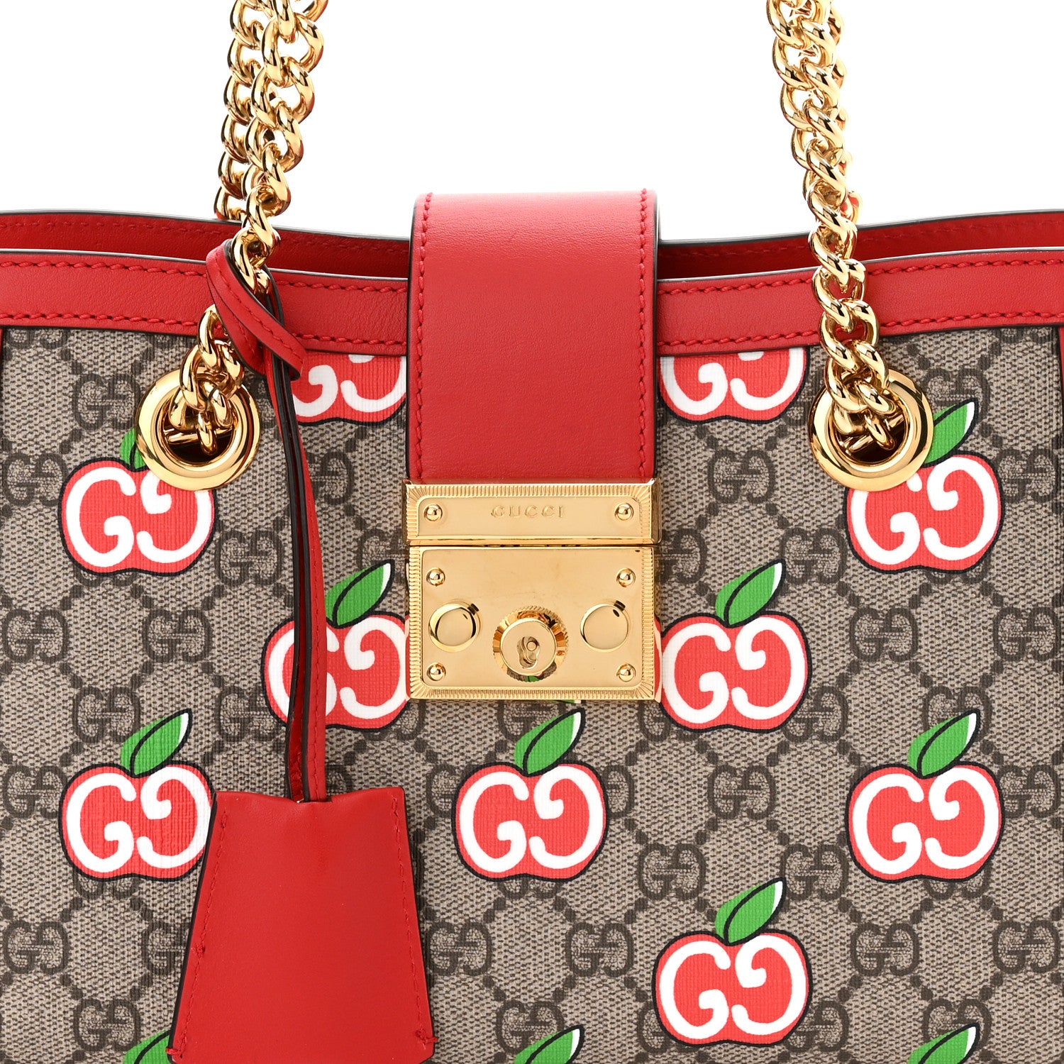 Gucci GG Supreme Monogram Apple Small Padlock Tote Beige Multicolor Lobster Red 8 of 10