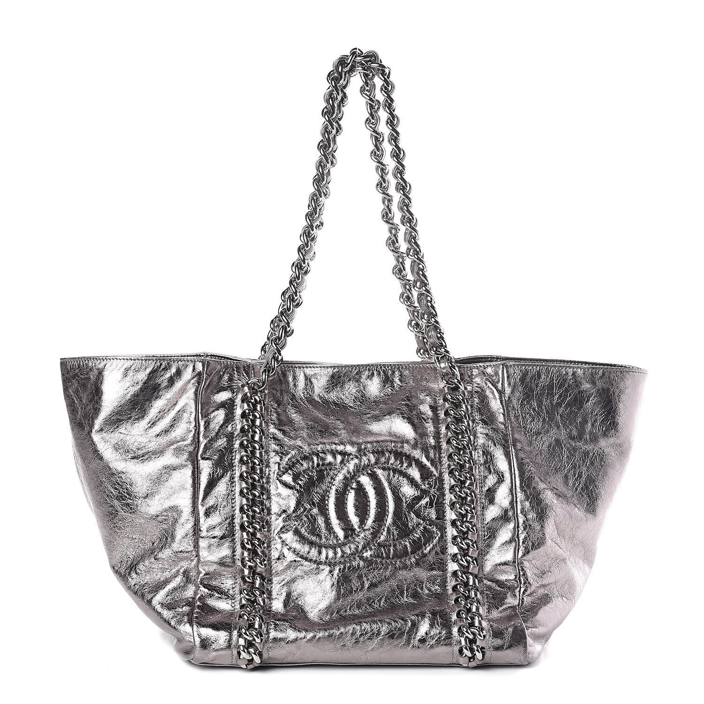 Metallic Cracked Calfskin Modern Chain Tote Dark Silver