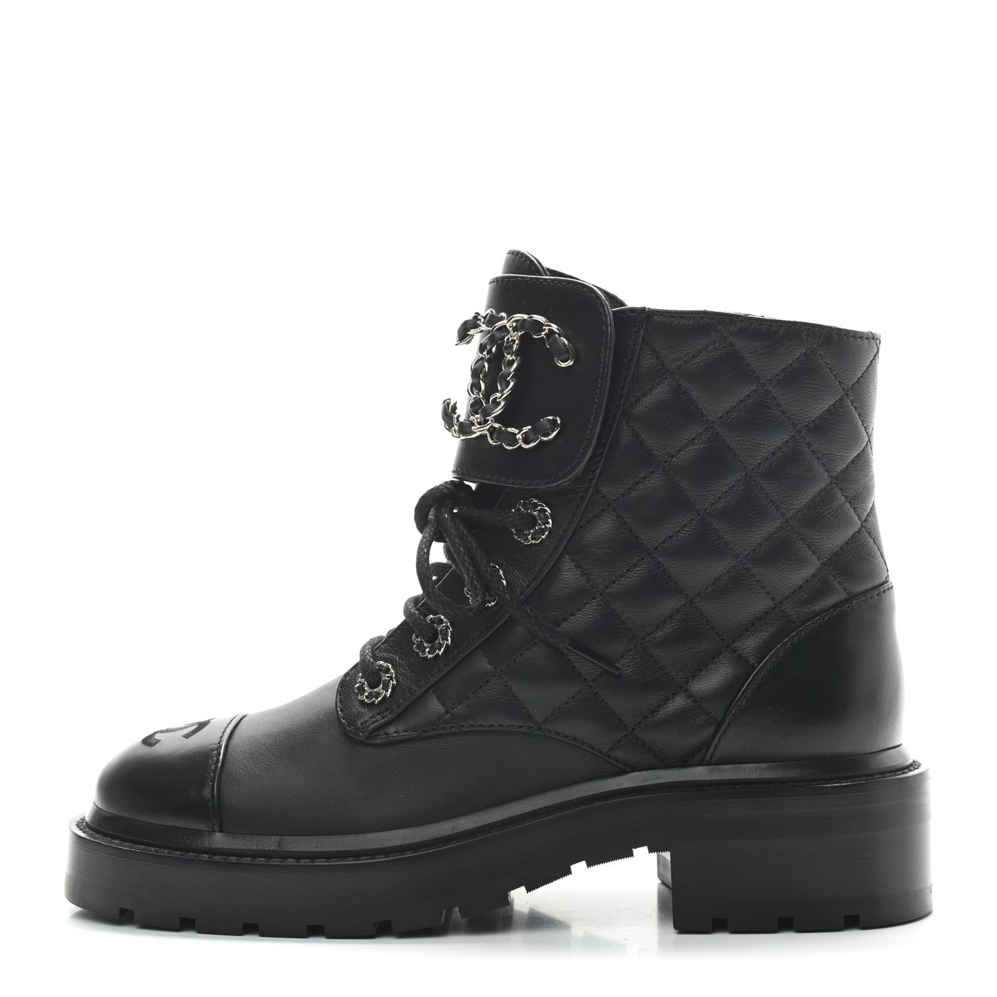 Lambskin Calfskin Quilted Lace Up Combat Boots 35 Black