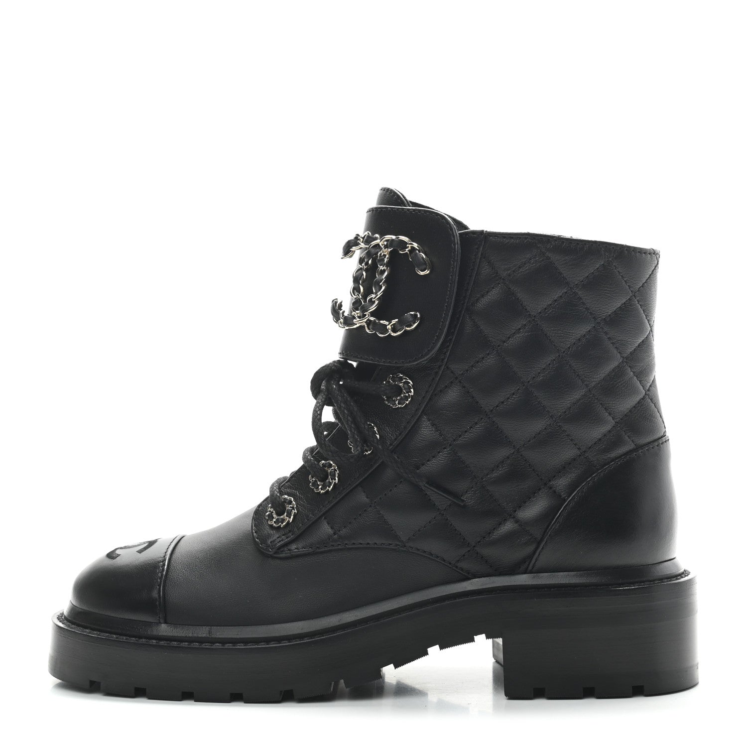 Chanel Lambskin Calfskin Quilted Lace Up Combat Boots 35 Black 1 of 7