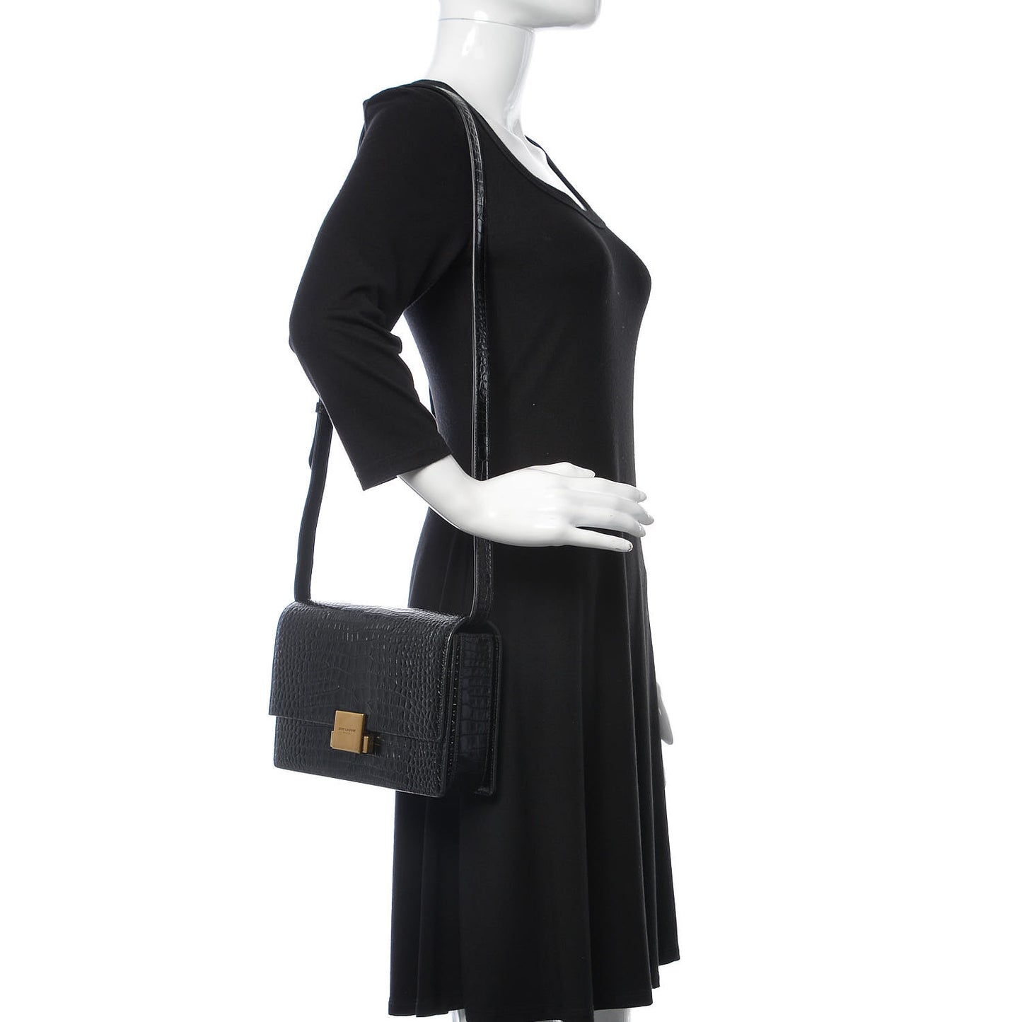 Calfskin Crocodile Embossed Medium Bellechasse Satchel Black