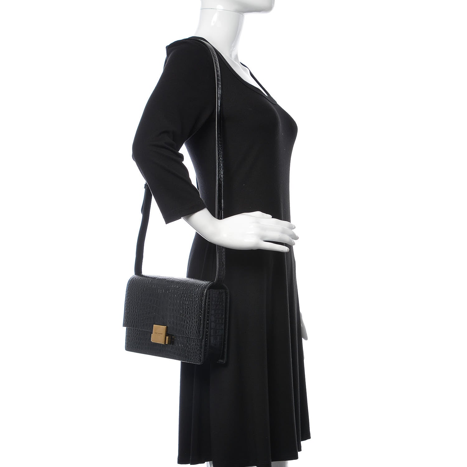 Saint Laurent Calfskin Crocodile Embossed Medium Bellechasse Satchel Black 2 of 9