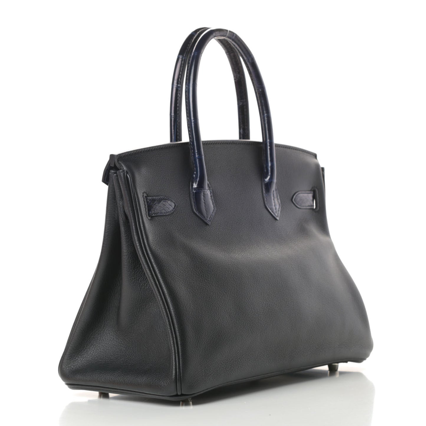 Taurillon Novillo Shiny Niloticus Crocodile Birkin Touch 30 Black Bleu Marine