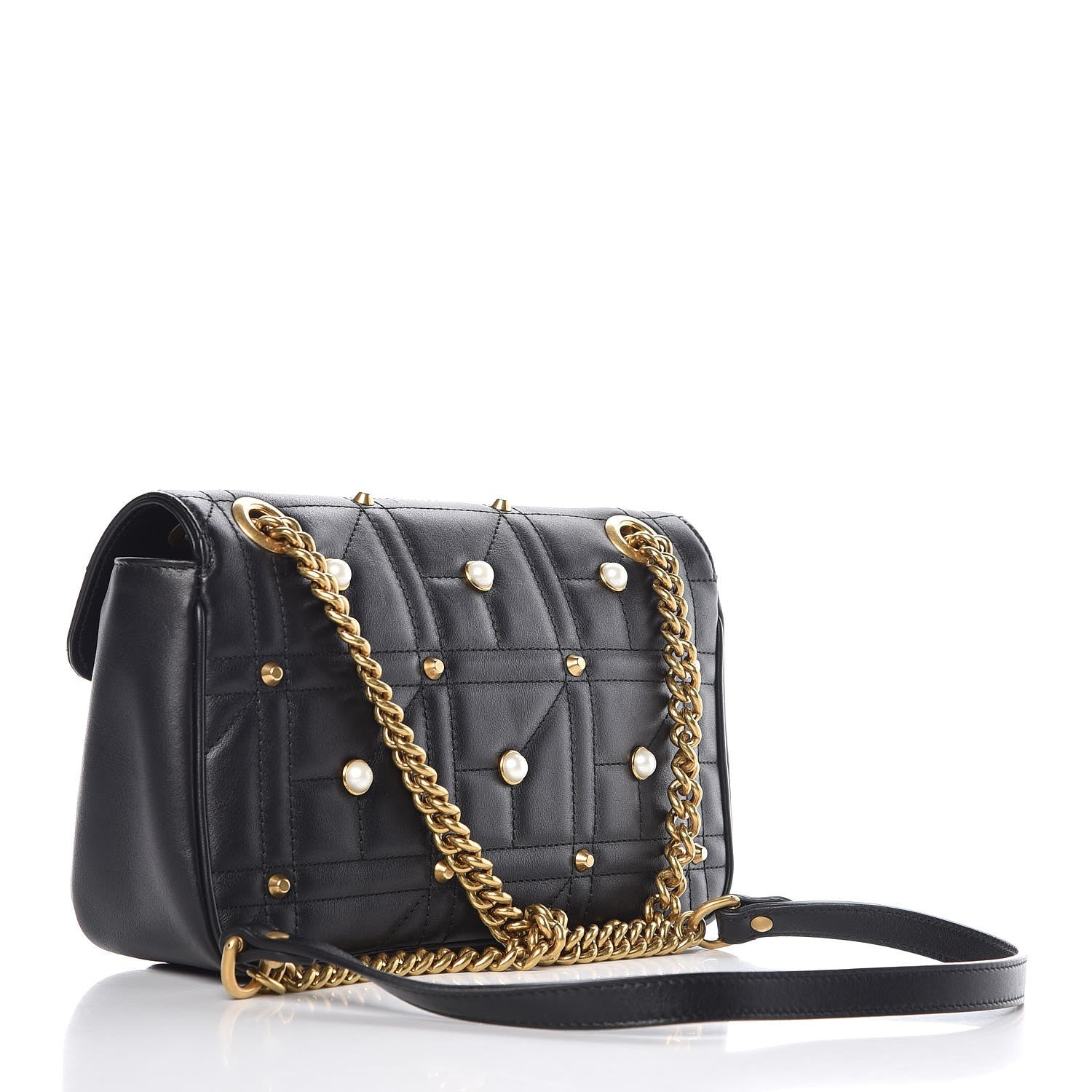 Gucci Calfskin Matelasse Studded Small Pearly GG Marmont Shoulder Bag Black 3 of 9