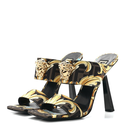 Versace X FENDI Silk Fendace Baroque Medusa High Heel Mule Sandals 39 Tobacco Black Gold 3 of 8