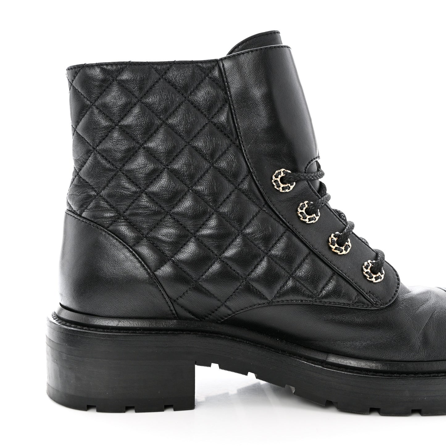 Shiny Calfskin Quilted Lace Up Combat Boots 40.5 Black