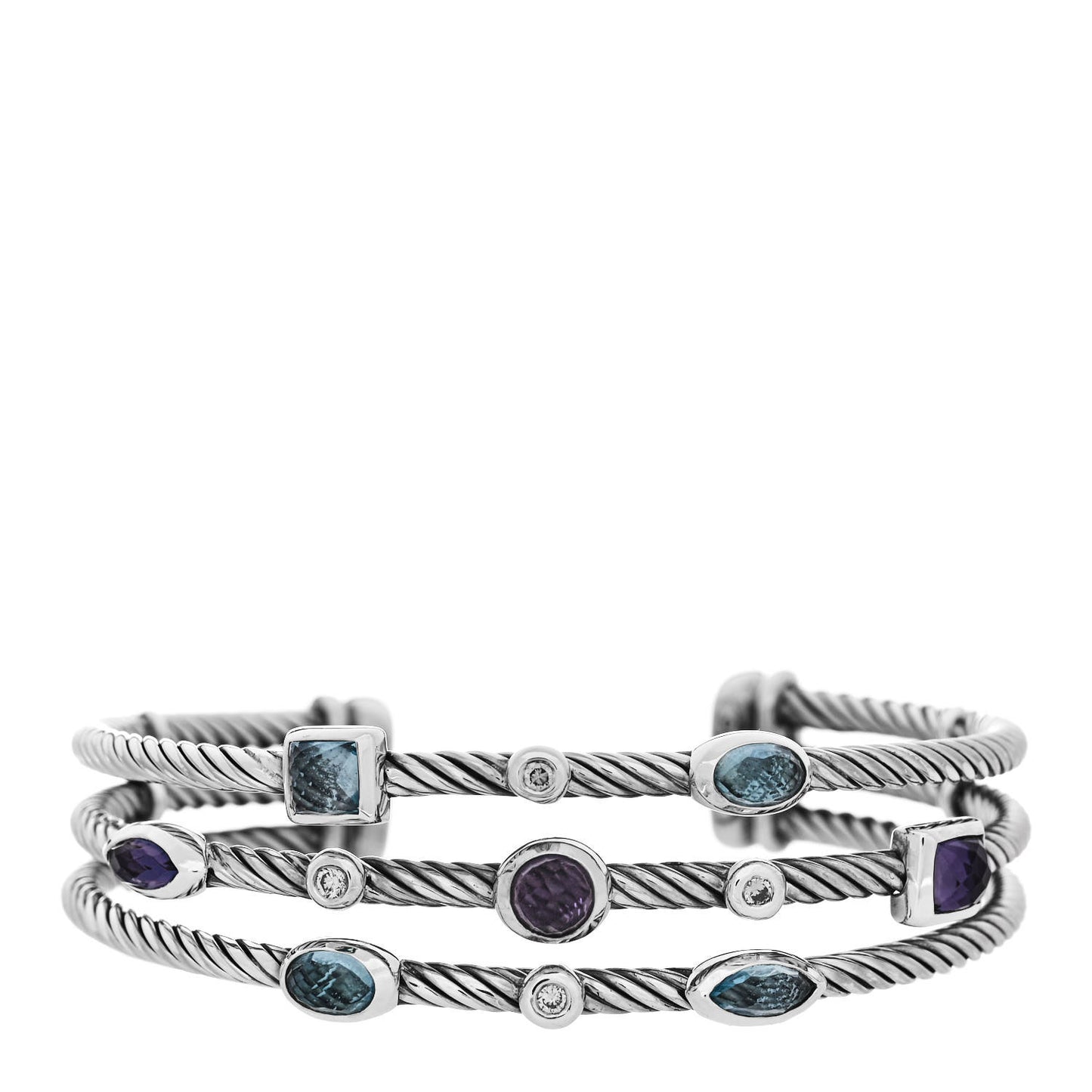 Sterling Silver Blue Topaz Hampton Blue Topaz Iolite Diamond Three Row Confetti Cuff Bracelet