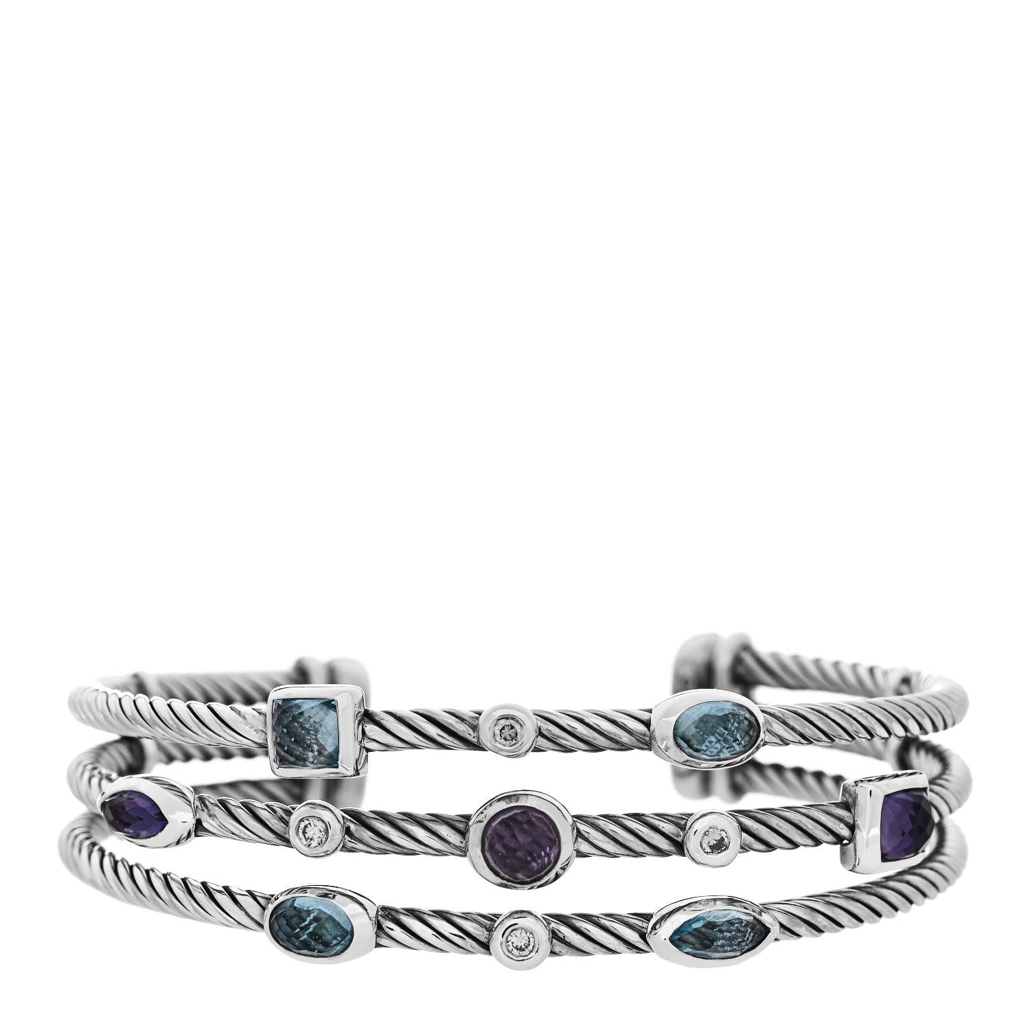 David Yurman Sterling Silver Blue Topaz Hampton Blue Topaz Iolite Diamond Three Row Confetti Cuff Bracelet 1 of 3