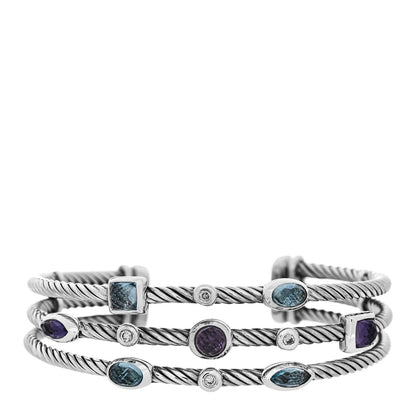 David Yurman Sterling Silver Blue Topaz Hampton Blue Topaz Iolite Diamond Three Row Confetti Cuff Bracelet 1 of 3