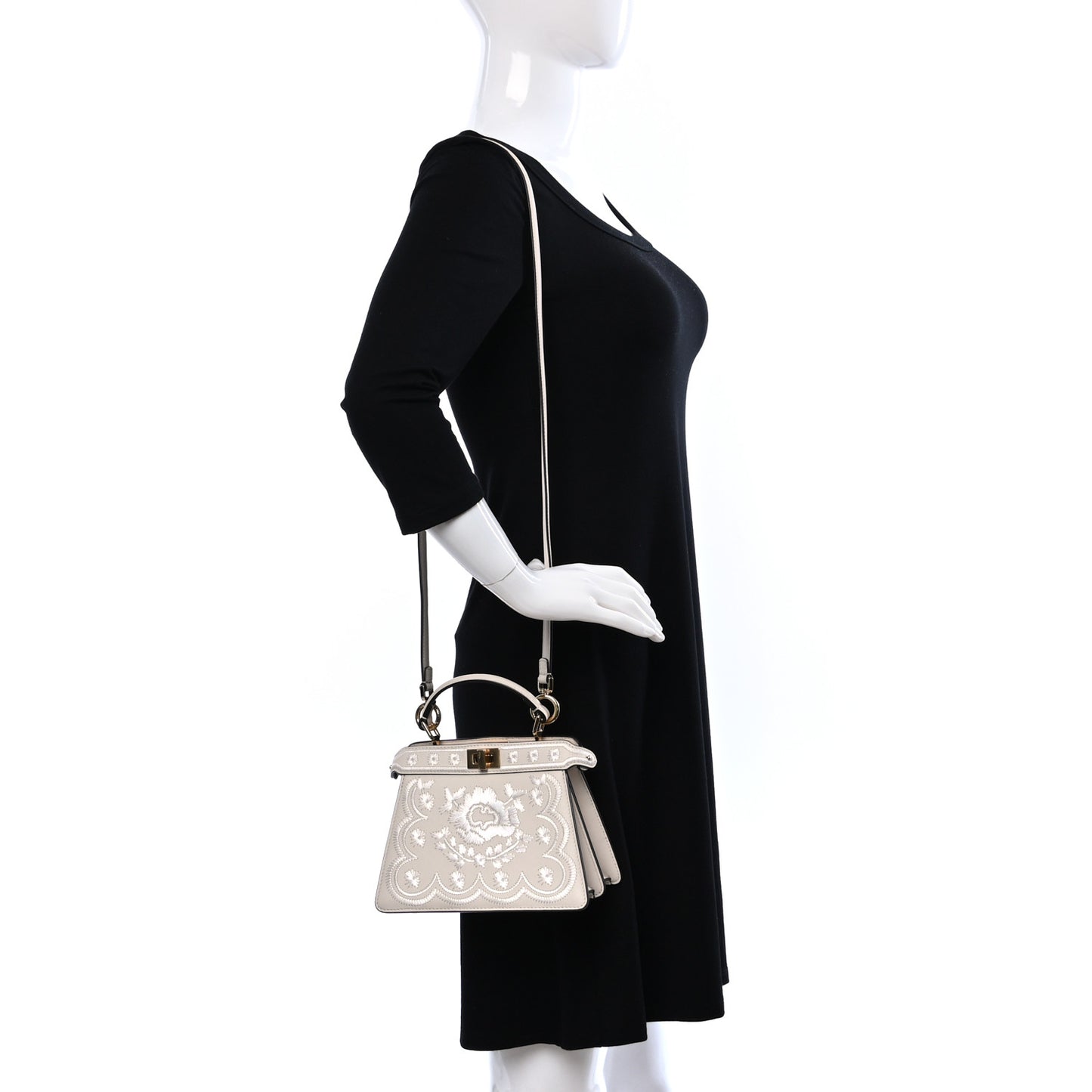 Vitello Seta Shiny Nappa Floral Embroidered Petite Peekaboo I SEE U Satchel Camelia White Ice