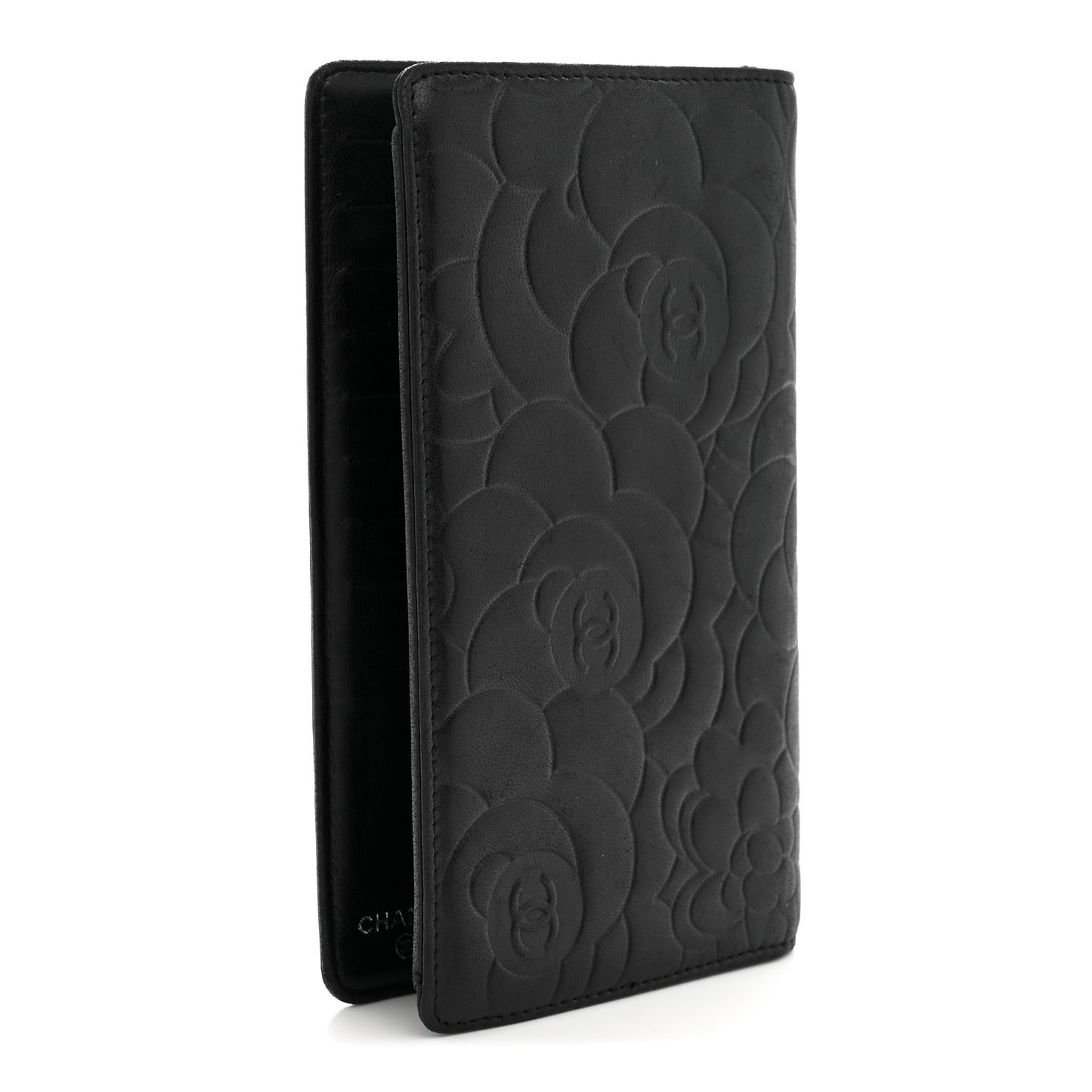 Lambskin Camellia Embossed Yen Wallet Black