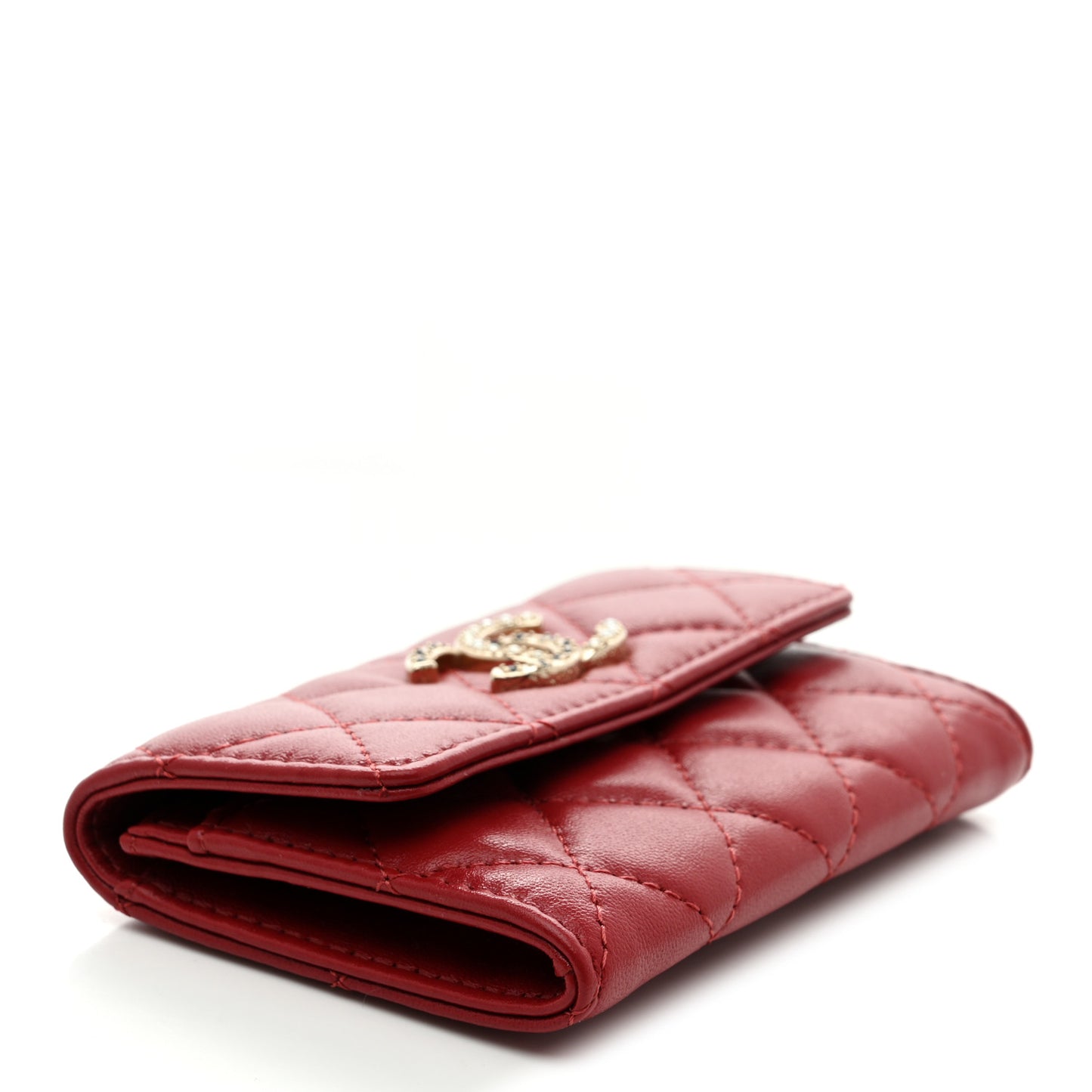 Lambskin Pearl Enamel Quilted Flap Card Holder Red