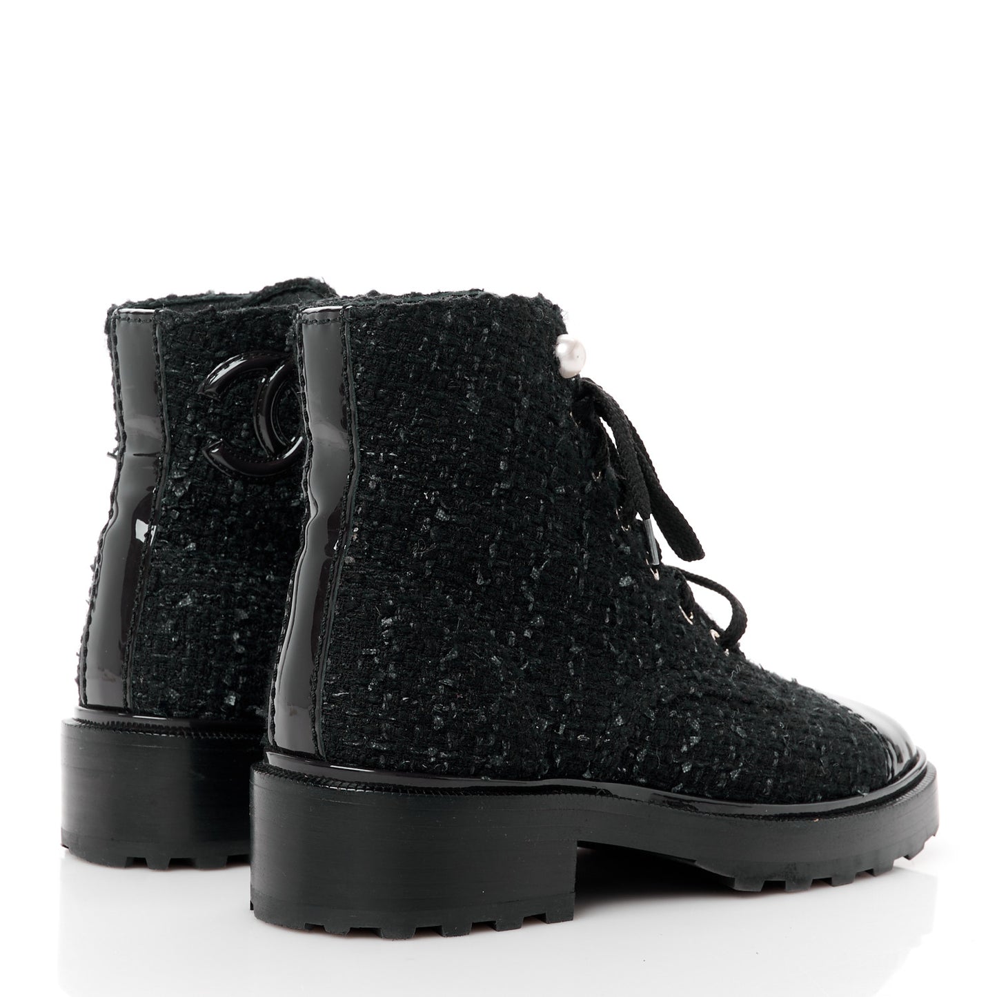 Tweed Patent Calfskin Pearl Combat Short Boots 35.5 Black Grey Blue
