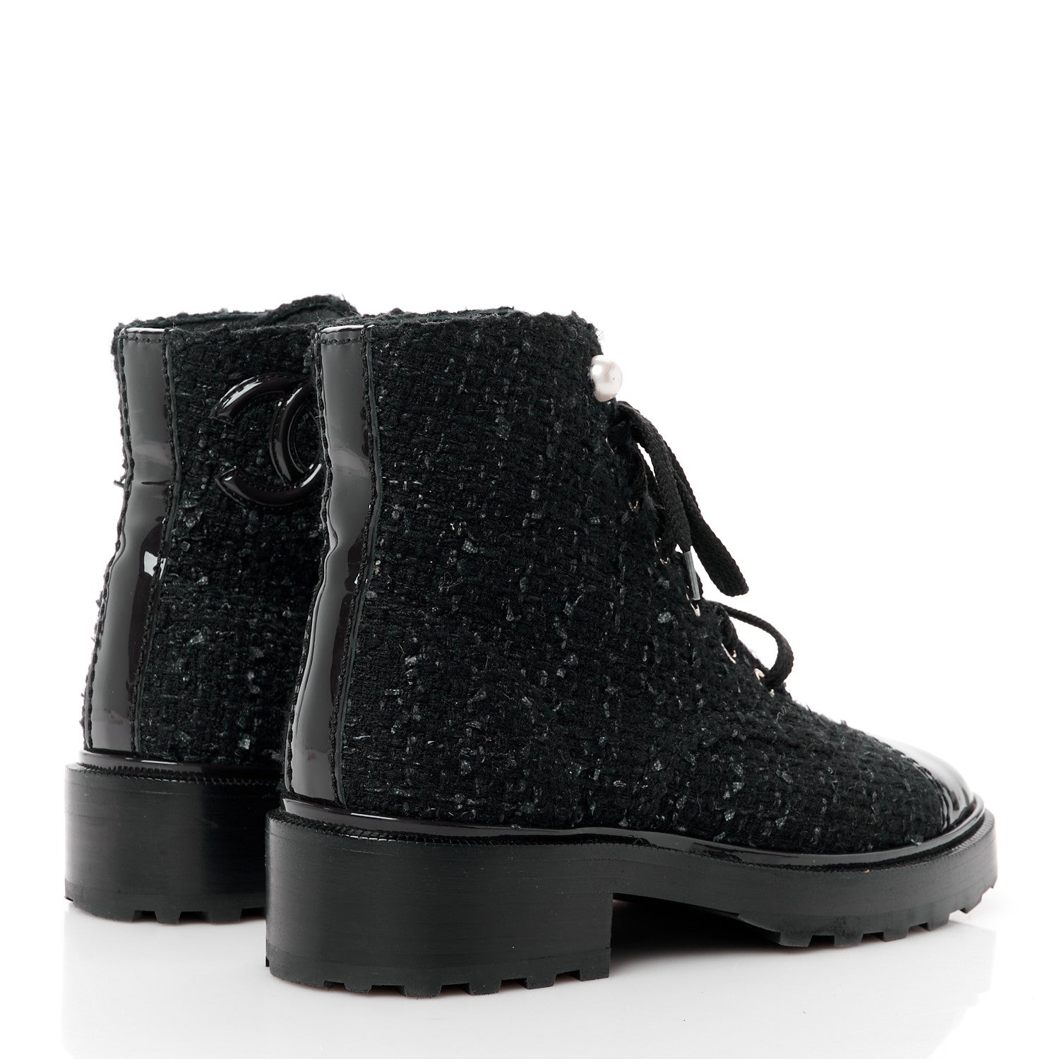 Chanel Tweed Patent Calfskin Pearl Combat Short Boots 35.5 Black Grey Blue 4 of 8
