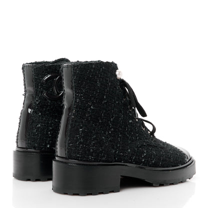 Chanel Tweed Patent Calfskin Pearl Combat Short Boots 35.5 Black Grey Blue 4 of 8