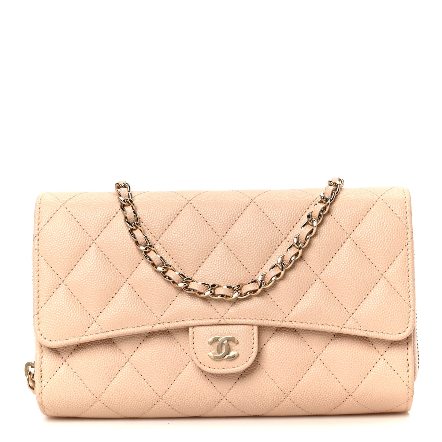 Caviar Quilted Phone Holder Wallet on Removable Chain Light Beige